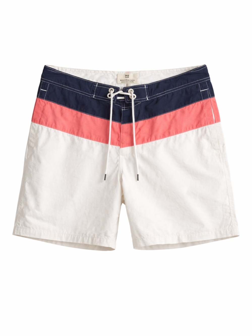 Scotch & Soda White Swim Trunks with Navy and Coral Chevron
